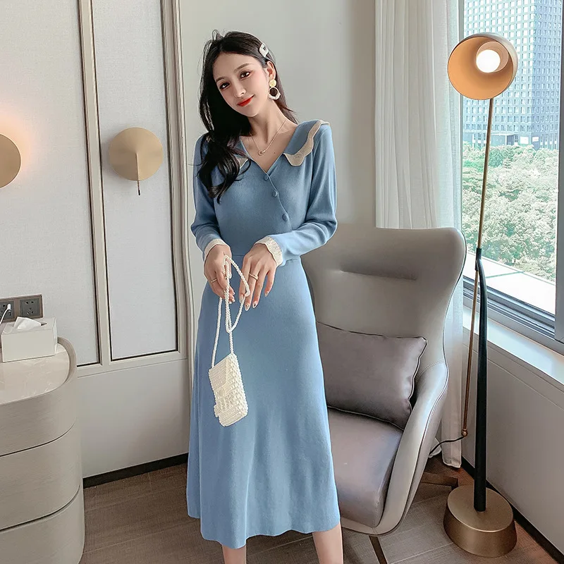 

62312019 Early Autumn Retro Peter Pan Collar Polo Dress Women's Waist Hugging Slimming Mid-length Knitted Long Skirts