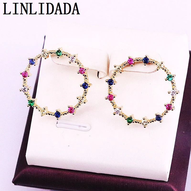 8 пар 23 мм, Радужный CZ цвет насыщенный Цирконий проложенный круглый круг ювелирные серьги золотистого цвета модные серьги-гвоздики