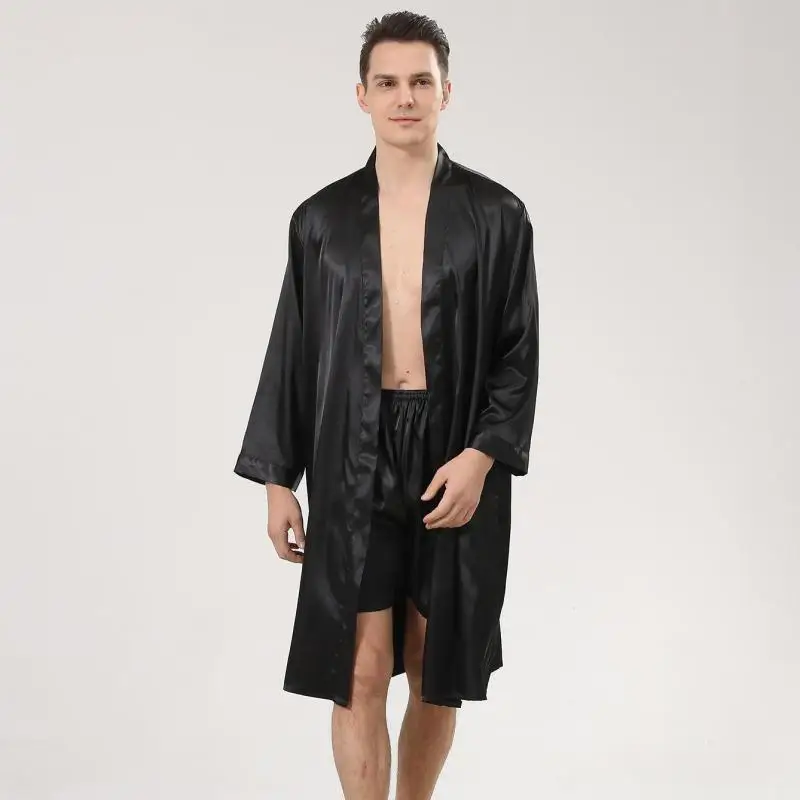 

Black Solid Robe&Shorts Men Pajamas Set Long Sleeve 2PCS Sleepwear Satin Silky Bathrobe Gown Male Sleep Set Kimono Gown
