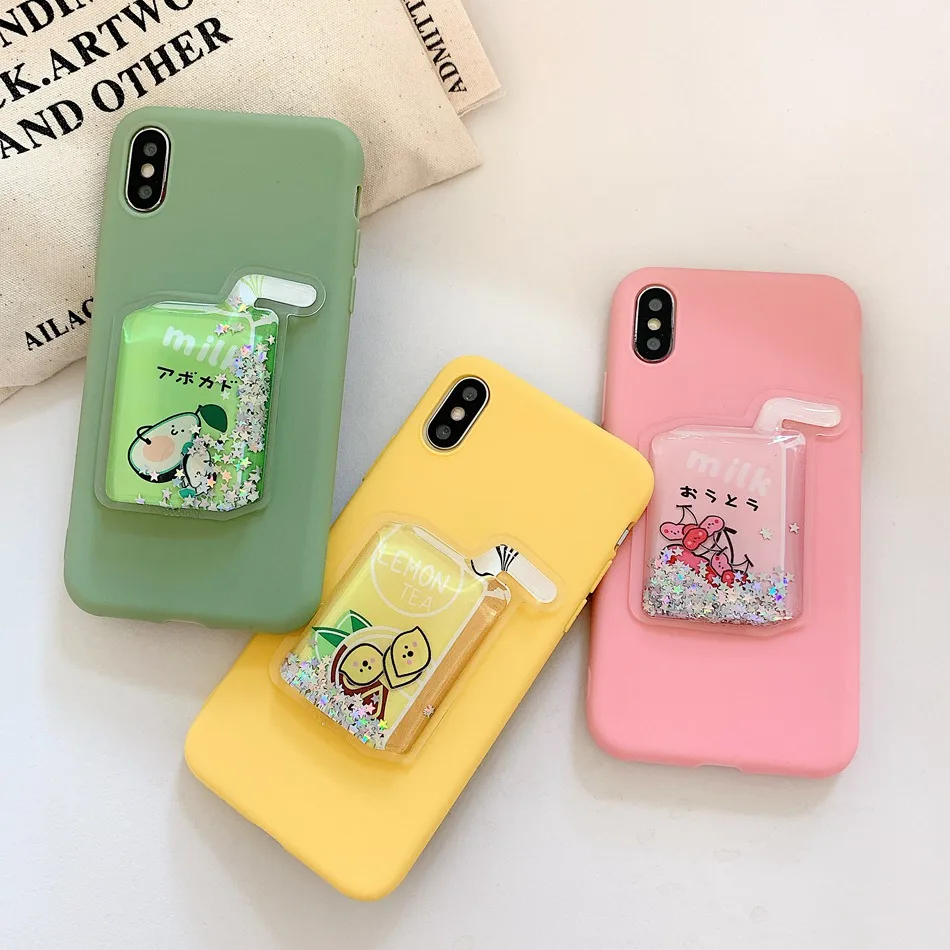 

For iPhone 11 Pro XS Max XR Case Cartoon 3D DIY Avocado Quicksand Cover For iPhone 8 7 6S Plus Cute Bling Bling Drink Back Coque