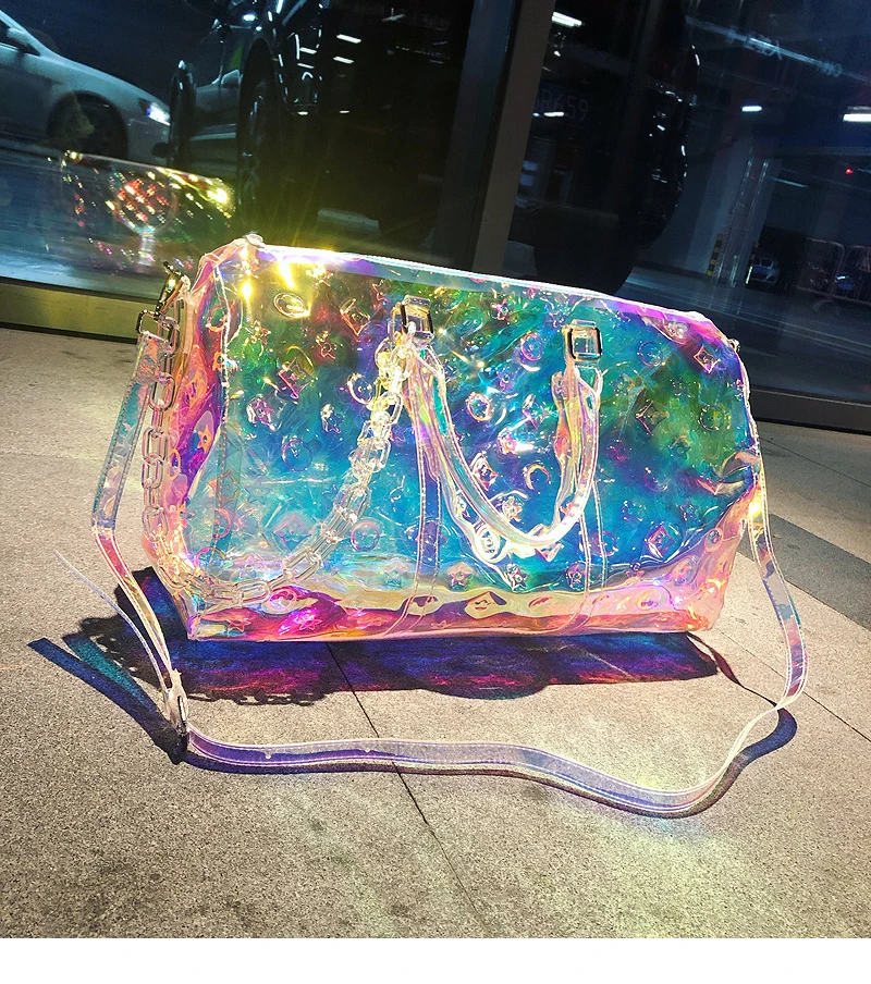Laser colorful brand travel bag transparent bright luxury reflective fitness luggage bag slung carry on portable suitcase bag
