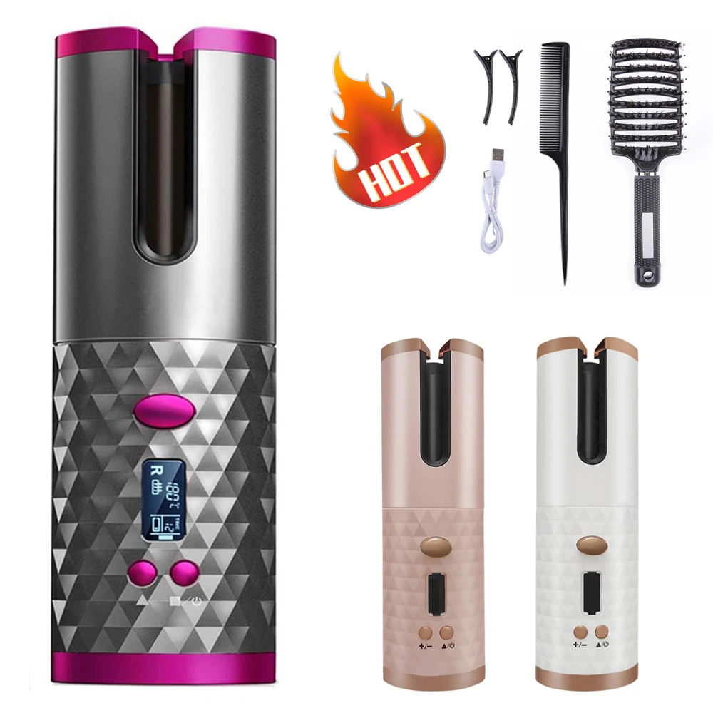 Wireless Automatic Curling Iron USB Rechargeable Hair Curler LCD Display Curly Hair Machine Portable Rotating Curling Wave Styer