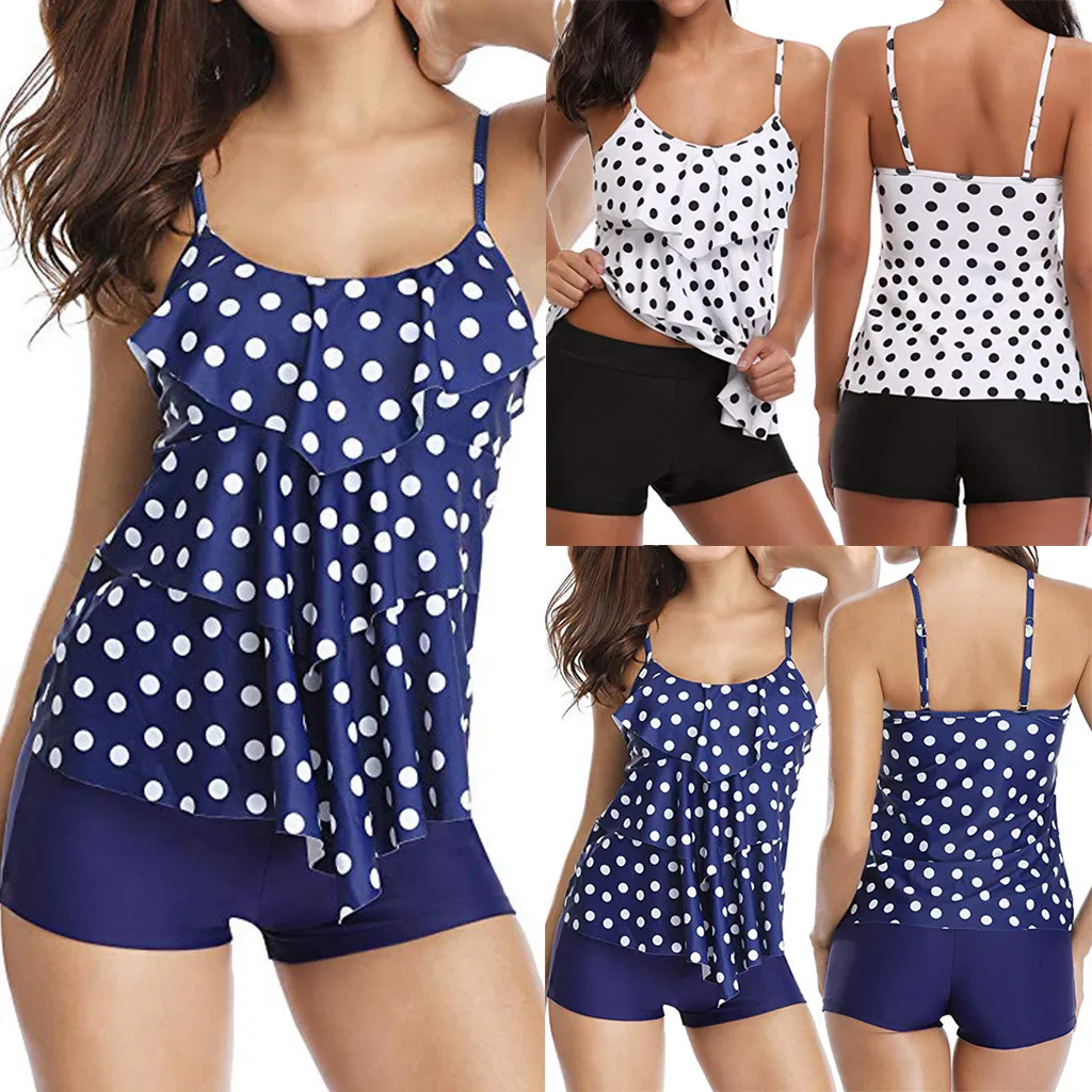 

2020 Fashion Women 2 Piece Bathing Wear Flounce Top With Boyshorts Tankini Dot Printed Swimwear High Quality Bikini Set For Lady