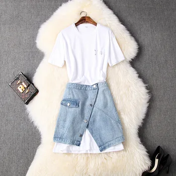 

Two Piece Set Women Summer 2020 NEW Round Neck Short Sleeved Long White T-Shirt +Irregular Denim Skirt Casual Suits Female S-XL