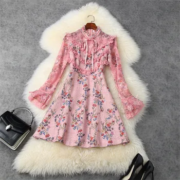 

Fashion Designer Runway Women Long Sleeve Print Lace Patchwork Mini Tweed Woolen Dress Vintage Autumn Winter Clothes 2020
