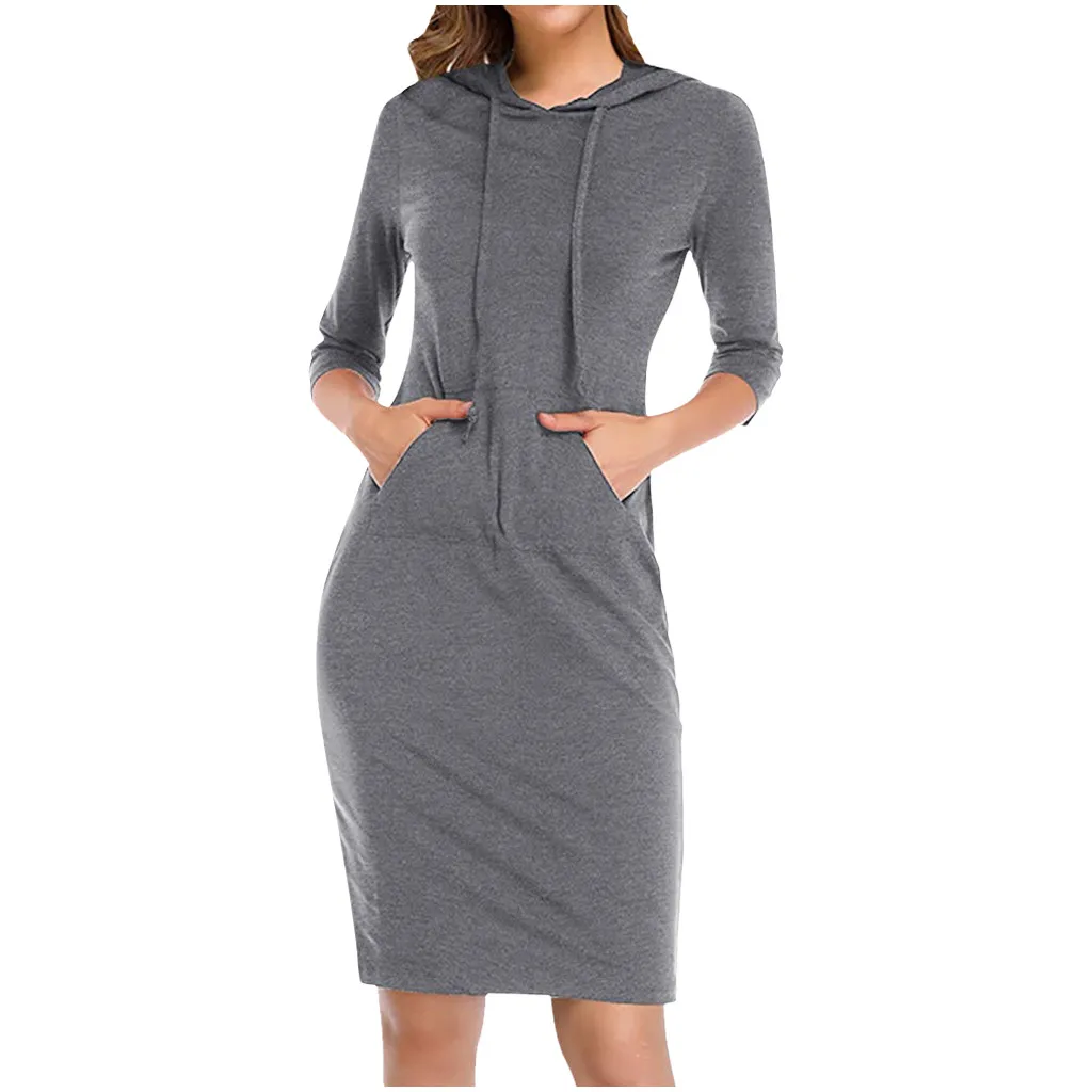 Модная женская толстовка с рукавом три четверти и капюшоном, карманами и завязками, платье с карманами, простое повседневное женское платье, толстовка 12,24