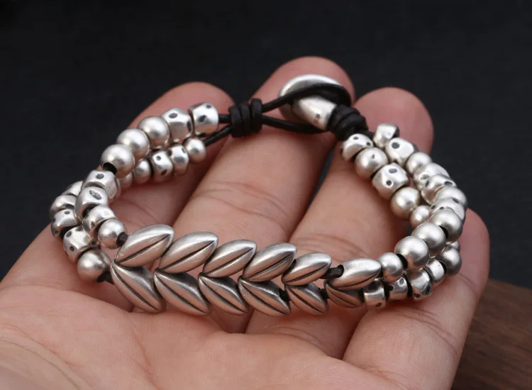 S925 pure silver jewelry 3d hard silver handmade braided wheat pattern creative leather bracelet men and women fashion bracelet