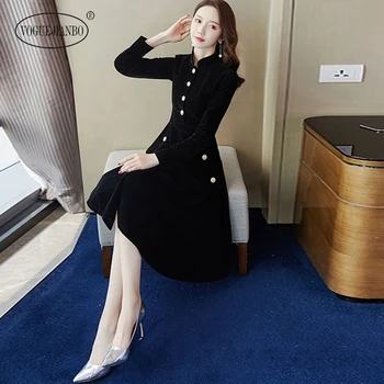 

Autumn and winter 2019 new womens high cold wind long sleeve medium length black velvet dress mature bottomed office ladies