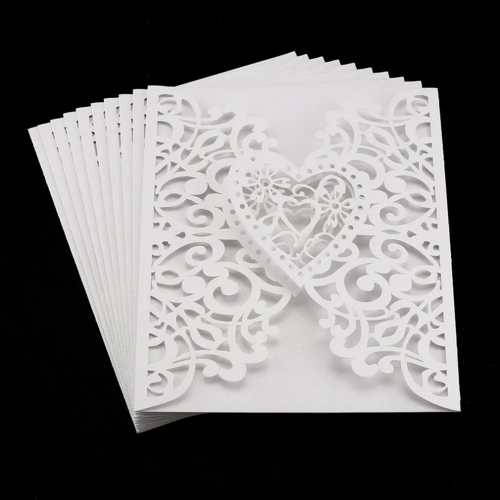  10Pcs Heart Wedding Invitation Cards Laser Cut Hollow Out Envelopes Seals Invitation Covers Wedding - 4000406556734