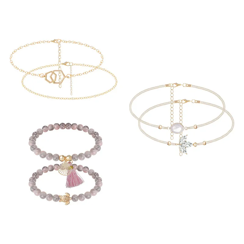 6 шт./компл. Для женщин Браслеты комплект Boho Gem панцирь черепахи, бусинка-листок цепи кожаный многослойный браслет дам, обладающих великим шармом, золото, ювелирное изделие, подарок