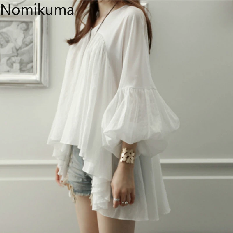 poet shirt Nomikuma Korean Style White Shirts Blusas V Neck Puff Sleeve Solid Color Irregular Chiffon Blouse Women Casual Loose Tops 3c973 poet shirt