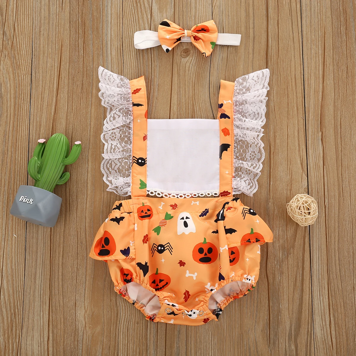 

Infant Newborn Baby Suspender Romper Headband Summer Suit Pumpkin Ghost Printed Square Neck Short Ruffle Sleeve Halloween Cloths