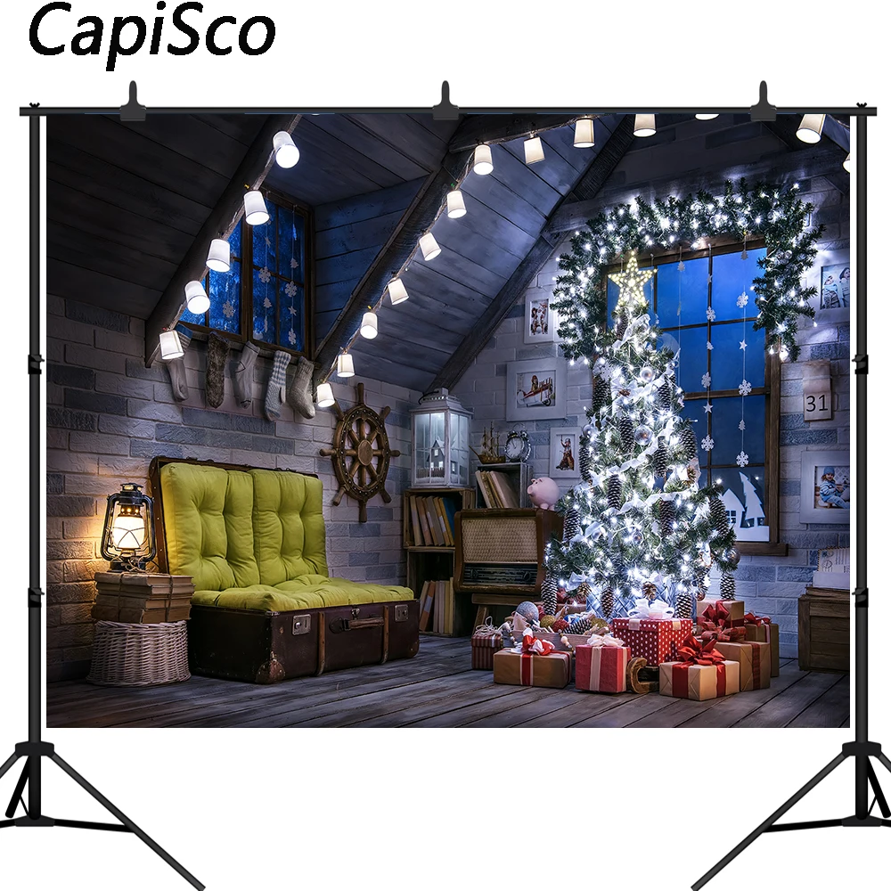 

Capisco Photography Background Winter Christmas Tree Window Flash Light Gift Decoration Christmas Backdrop for Photo Studio prop