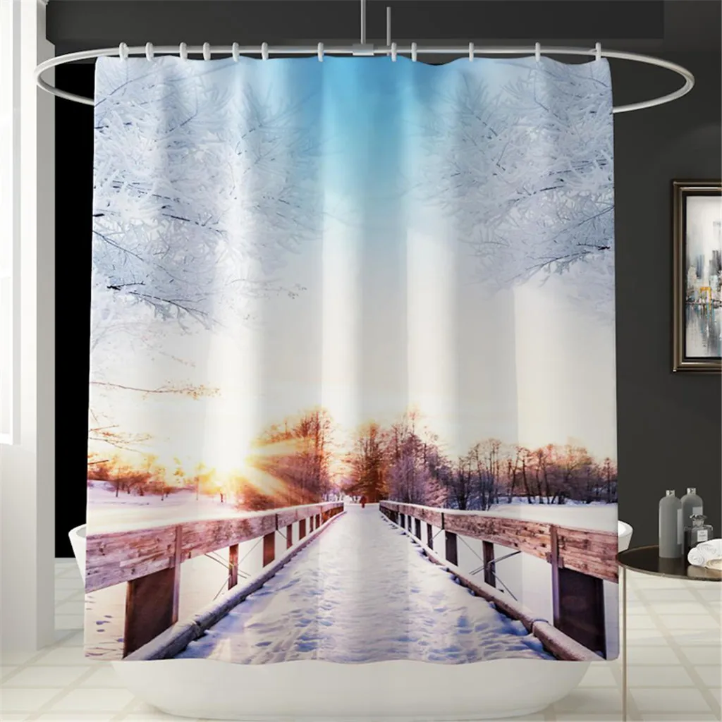 Winter snow print Bathroom Mat And Shower Curtain Four-Piece Set household accessories for bathroom shower curtain mat set