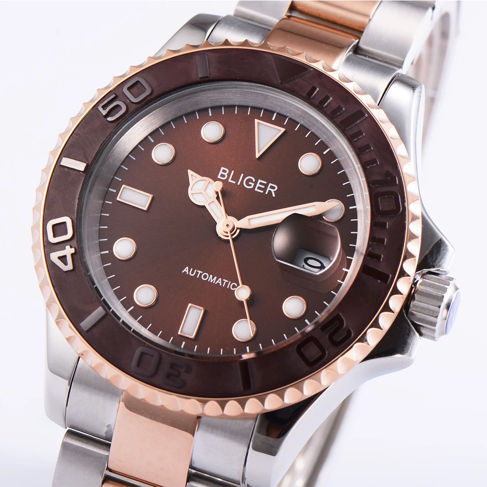BLIGER 40mm Mens Coffee Dial Sapphire Glass Automatic mechanical Watch SS Bracelet Auto Date super luminous waterproof menwatch | Наручные