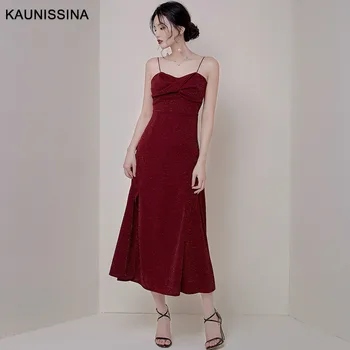

KAUNISSINA Sexy Evening Dress Sleeveless Strap Bling Party Gowns Dresses Sling Side Slit Banquet Evening Robe Long Vestidos