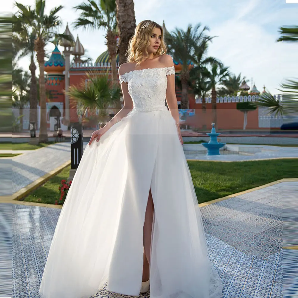 

Off the Shoulder Two Pieces Beading Lace Applique Sheath Wedding Dress with Split For Women Robe De Mariee Lace-up Sweep Train