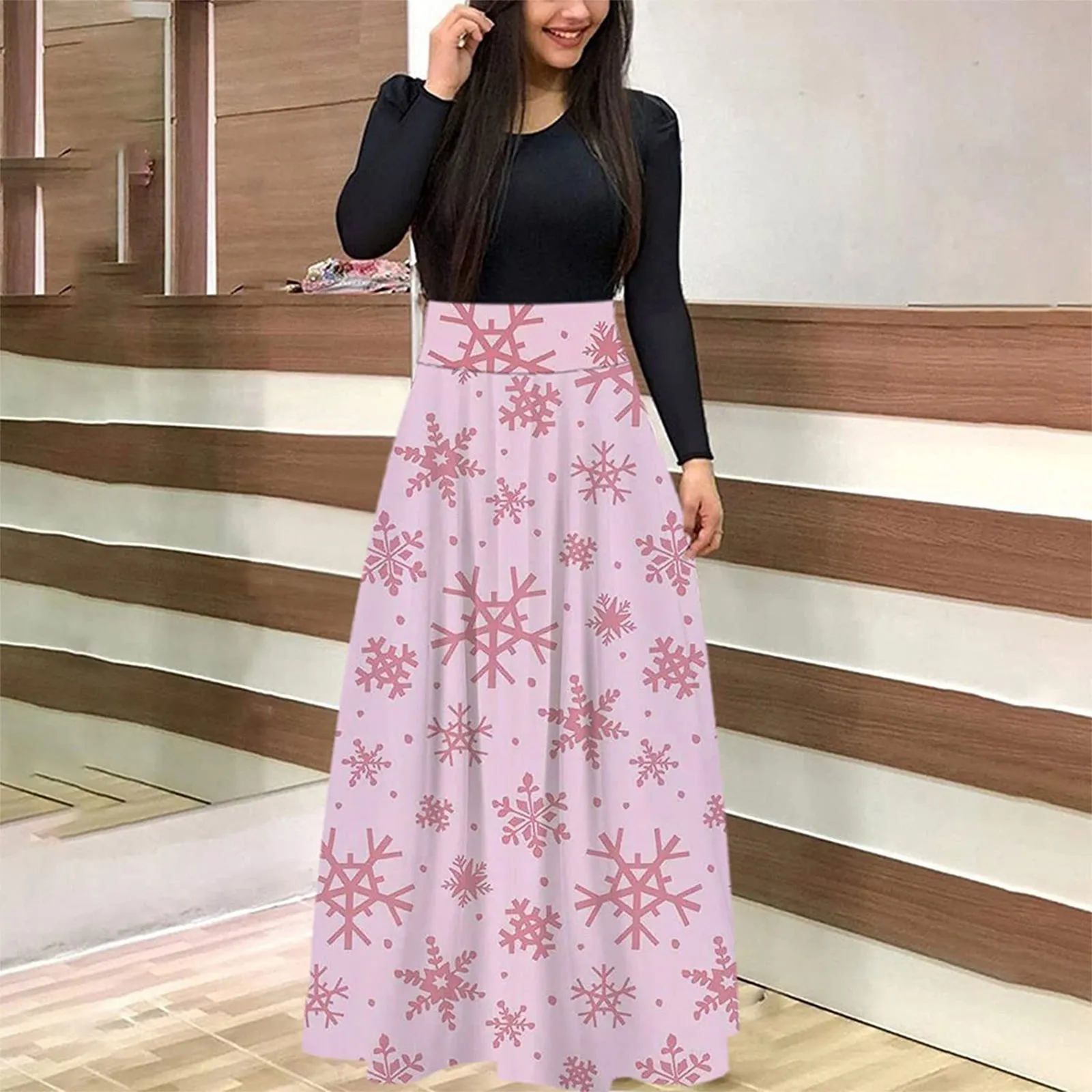 2021 Christmas Print Women Spliced Dresses Long Sleeve High Waist Maxi Dresses Loose Wedding Holiday Party Robe Vestido Femme 2