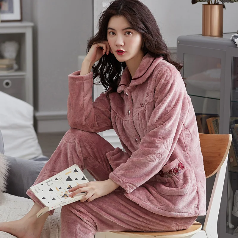 Winter Plush Ladies Pajamas Long Sleeve Lapel Solid Color Plus Size Nightshirts and Nightpants Home Two-piece Clothing