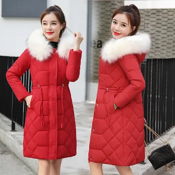 

women's long stylish simple elegant Korean slim hooded long sleeve cotton-padded jacket zipper polyester coat sustans