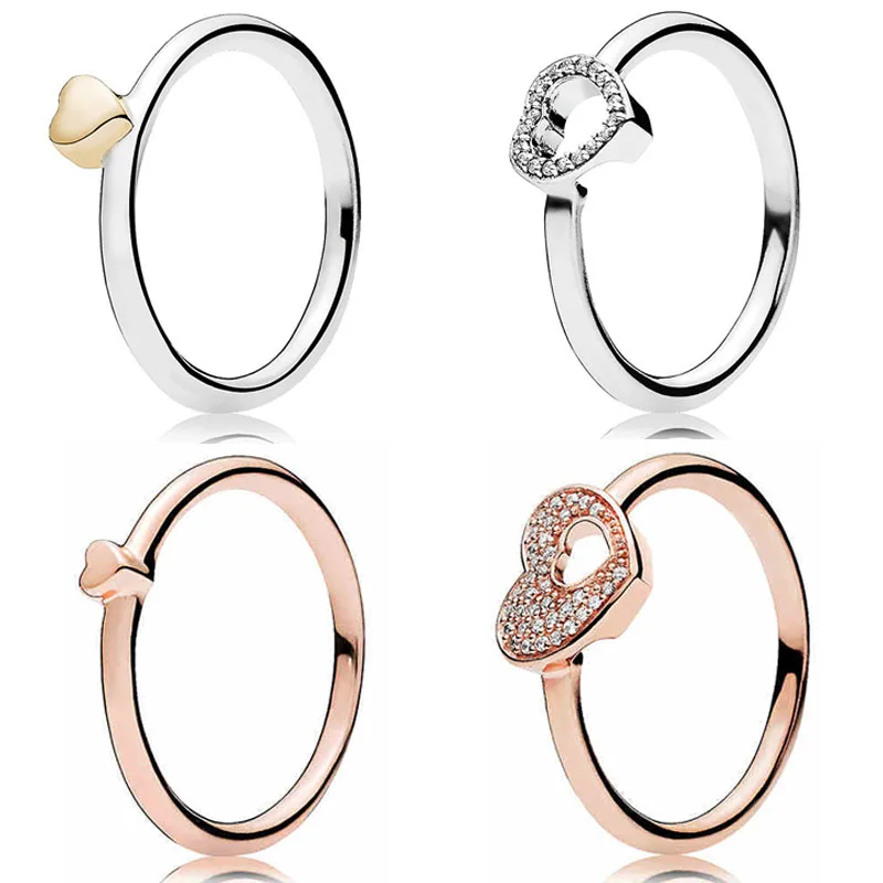 Anillo de Plata de Ley 925 con diseño de corazón de oro para mujer, sortija con diseño de corazón y rosa, estilo romántico, a la moda