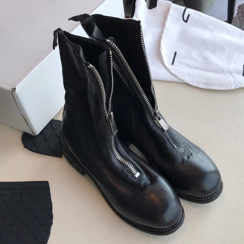 designer round toe leather short boots women low heel motorcycle boots high quality front zip martin ankle boots for women