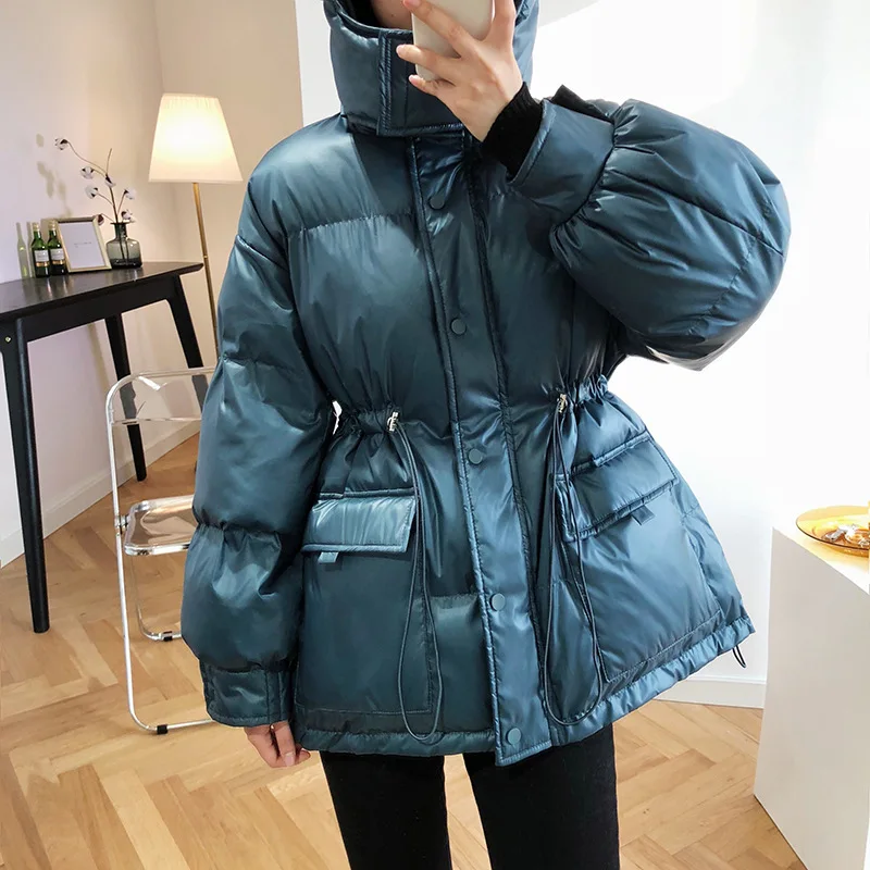 

2020 Women Winter Coat Long Sleeve Windproof Warm Lace-Up Slim Waist Women Blue Hooded Coat Casaco Feminino Women Coat