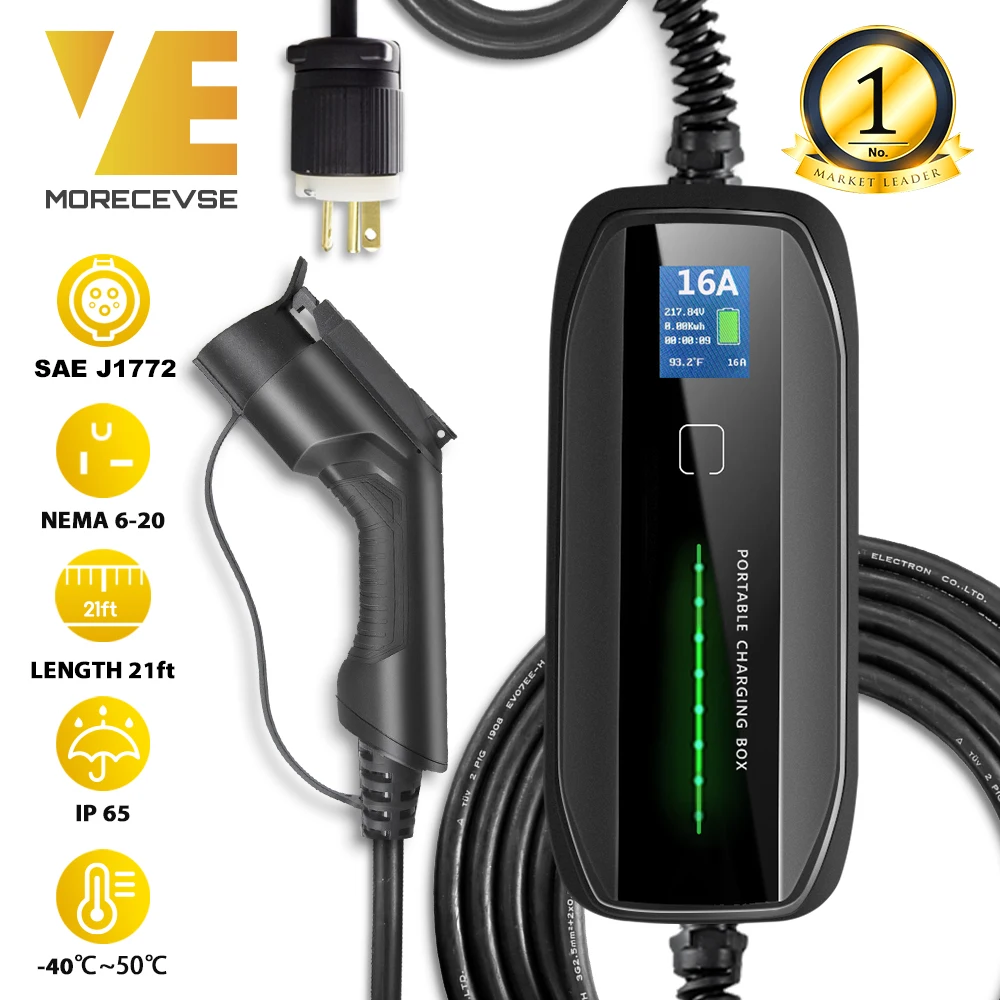EV Charger 16A 3.68KW NEMA6-20Plug 6.5m (21 feet) Level 2 Portable EVSE 220V Electric Vehicle Charging Box LED Display SAE J1772
