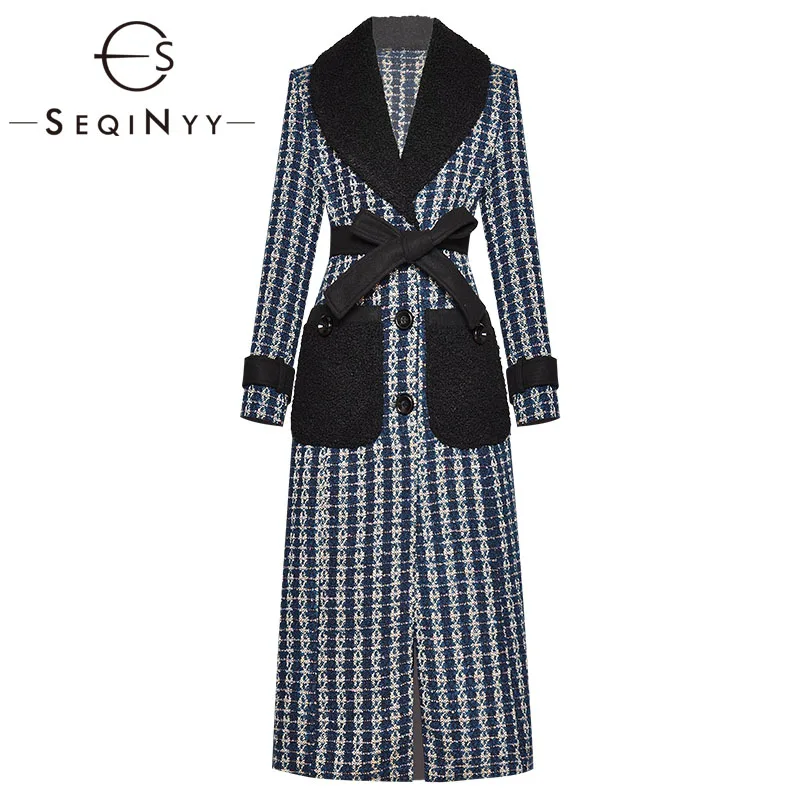

SEQINYY Long Coat 2020 Autumn Winter New Fashion Design Women Fashion Design Plaid Blue Warm Trench Coat Belt High Quality