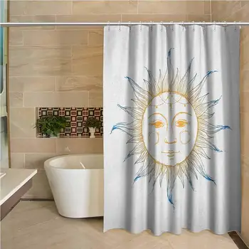 

Sun Hotel Quality Polyester Shower Curtain Hand Drawn Ornamental Star Symbol with Face Tribal Aztec Inspired Illustration Shower