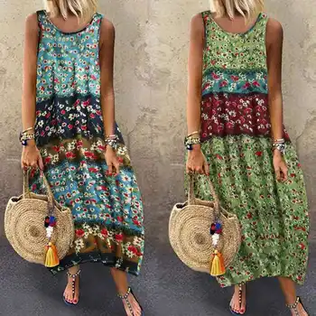 

ZANZEA 2020 Vintage Cotton Maxi Dress Women's Printed Sundress Casual Summer Sleeveless Long Vestido Female Baggy Robe Plus Size