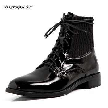 

British Style Wrinkled Patent Leather Lace-up Short Boots Autumn Winter Round Low-heeled Thick Heel Stretch Ankle Boots Women