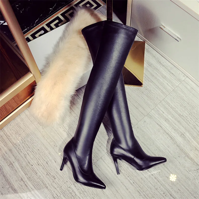 ANNYMOLI Winter Thigh High Boots Women Natural Genuine Leather Thin Heels Over the Knee Boots Sexy Super High Heel Shoes Ladies