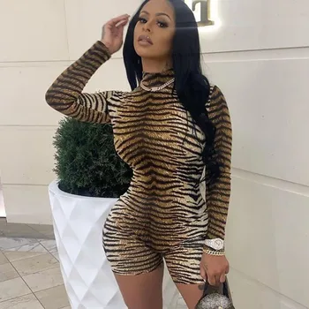 

Animal Cheetah Print Bodycon Jumpsuit Romper Shorts Women Long Sleeve Skinny Playsuits One Piece Outfits Clubwear Moda Feminina
