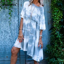 VIEUNSTA женское сексуальное кружевное мини-платье с открытой спиной летнее пляжное богемное Платье с принтом повседневное свободное платье трапециевидной формы с коротким рукавом vestidos