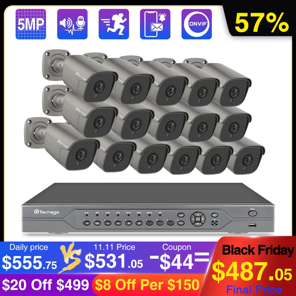 

Techage 16CH 5MP 48V POE NVR Security System AI POE IP Camera Two-Way Audio MIC Speaker Onvif CCTV Security Surveillance Kit P2P