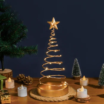 

Gold Bling Spring Iron Christmas Tree Figurine With Star Handmade Holiday Decor Tabletop Metal Xmas Tree Ornament With Light