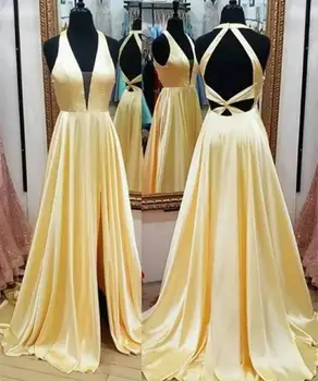 

Sexy Long Yellow Prom Dresses with Pockets A-Line Corset Back Custom Formal Party Dress Side Slit Robe Soiree Femme
