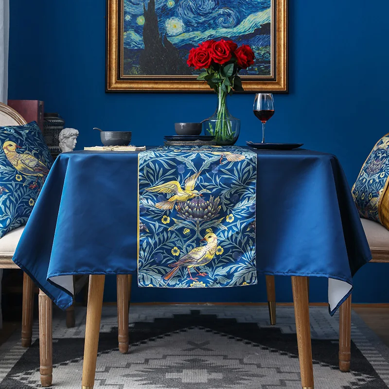 

American Light Luxury Table Runner Satin Flower Bird Printed Blue Table Runner TV Cabinet Cover Cloth Towel Coffee Tables