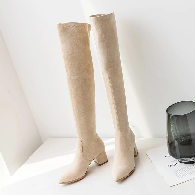 

Modern Stylish Flock Women Over-the-knee Pointed Toe Winter Boots Female Square Heeled Boots AJ555