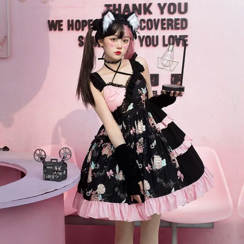 

Japanese Dark Sweet Girl Cute Lace Lolita Jsk Cute Printing High Waist Victorian Dress Kawaii Girl Gothic Dress Lolita Loli Cos