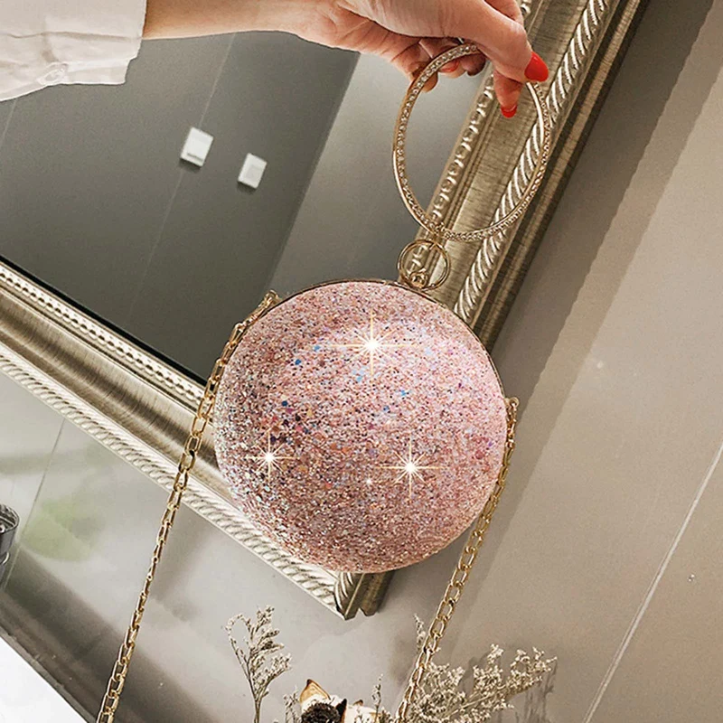 2021 Women Evening Day Clutch Colorful Crystal Diamonds Round Ball Shaped Clutches Lady Handbag Wedding Purse Chain Shoulder Bag