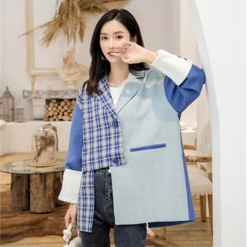 

LANMREM 2020 Irregular Stitching Suit Jacket Female Spring New Lapel Long Sleeve Single Button Casual Suit Jacket 19B-a367