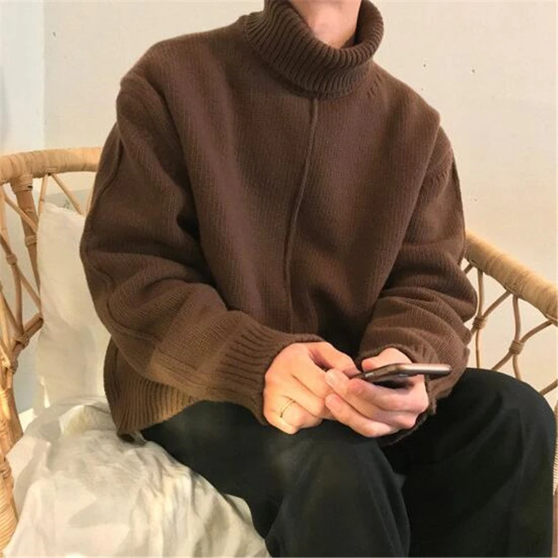 

Winter Thicken Sweater Grey/black Knitting Solid Color Woolen Turtleneck High-quality Male Cashmere Pullover Loose Coats M-XL