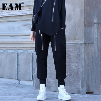

[EAM] High Elastic Waist Black Zipper Stitch Harem Trousers New Loose Fit Pants Women Fashion Tide Spring Autumn 2020 1A451