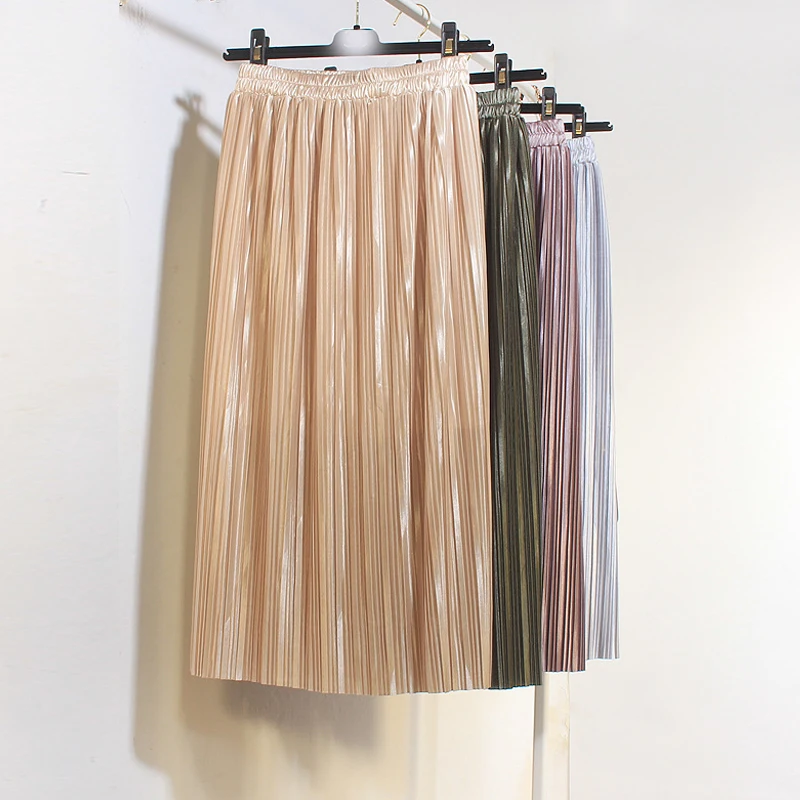 Модные зимние женские юбки плиссированные макси юбки женские металлические винтажные длинные женские юбки осенние faldas mujer