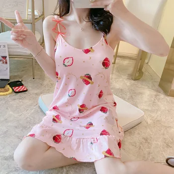 

Sling Nightdress Female Summer Sexy with Chest Pad Sleepwear Dress Korean Version Fresh Short-sleeved Nightgowns Suit Camisolas