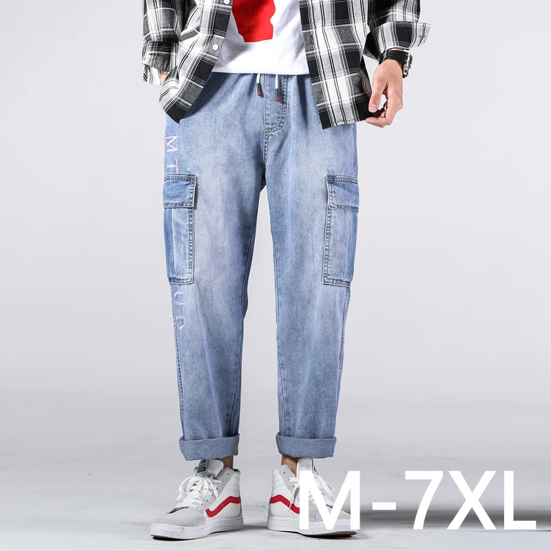 

Large size men's Overalls Ankle pants jeans pants obesity jeans stretch blue large 6XL 7XL Man trousers Comfortable Drawstring