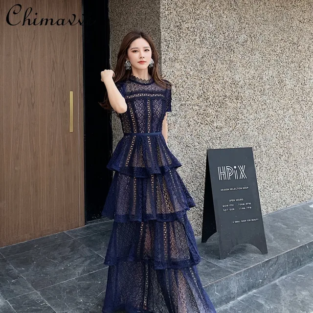 Maxi Dresses for Women 2021 New Summer Dark Blue Exquisite Lace Stitching Short Sleeve Multi-layer Cake Dress Slimming Dress 1