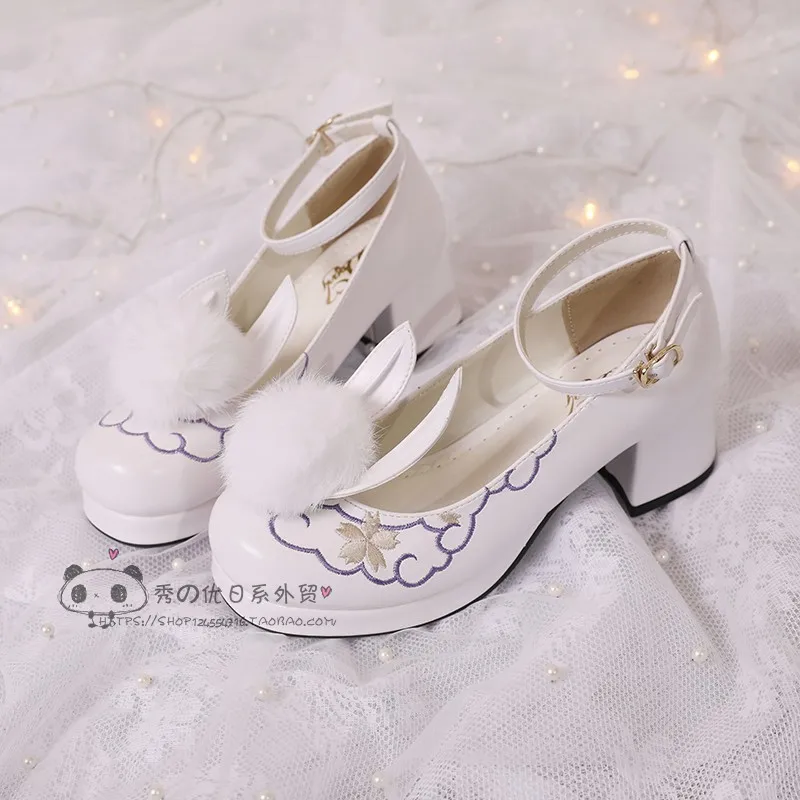 Японский kawaii для девочек; костюм для костюмированной вечеринки; милые туфли в стиле «Лолита» круглый носок обувь на толстом каблуке Женская обувь мохнатое кроличье ушко шар печать обувь kawaii cos